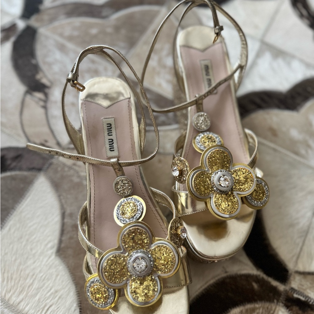 Miu Miu Gold Strappy Sandals with Crystal Embellishments